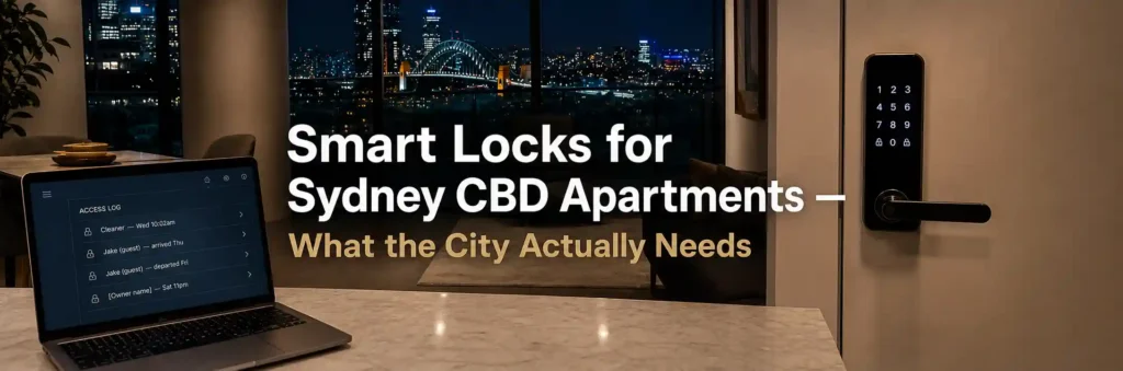 Modern apartment smart lock with a digital keypad and laptop displaying access logs, with the Sydney Harbour Bridge visible through the windows at night.