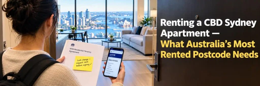 A new apartment tenant in Sydney CBD holding a residential tenancy agreement and phone while entering a modern harbour-view apartment.