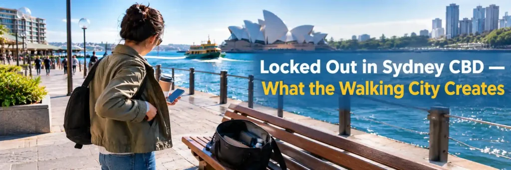 Person checking a phone beside an open bag on the Circular Quay waterfront in Sydney, with the Sydney Opera House and harbour in the background.